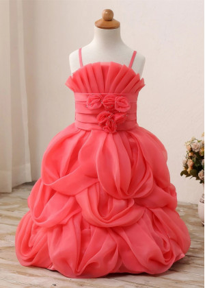 Adjustable Straps Beaded Coral Organza Satin Flower Girl Dress